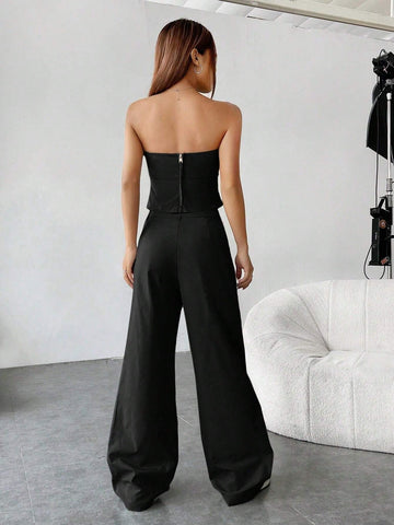 EZwear Leisure Style Solid Color Strapless Top And Flat Front Pants