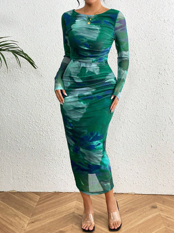 BAE Allover Print Ruched Mesh Dress