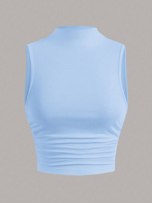 EZwear Stand Collar Pleated Sleeveless Top