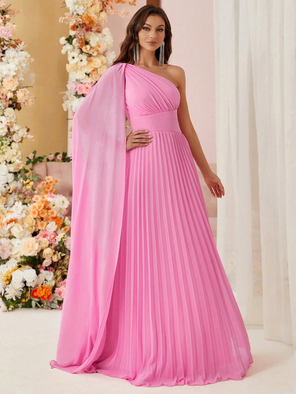 Belle One Shoulder Chiffon Pleat Side With Draped Decoration Evening Party Dress