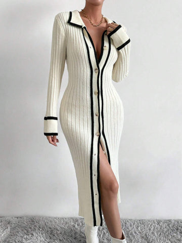 Raffinéa Striped Trim Button Front Sweater Dress