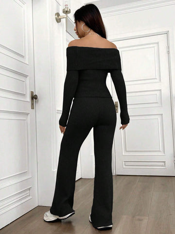 TRNDY 2pcs/Set Women Denim Blue Off Shoulder Long Sleeve Top & Straight Leg Knit Pants