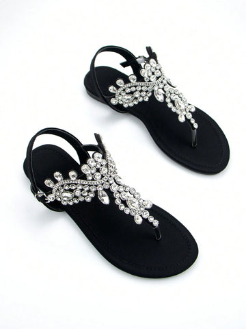 Women Rhinestone Decor Ankle Strap Thong Sandals