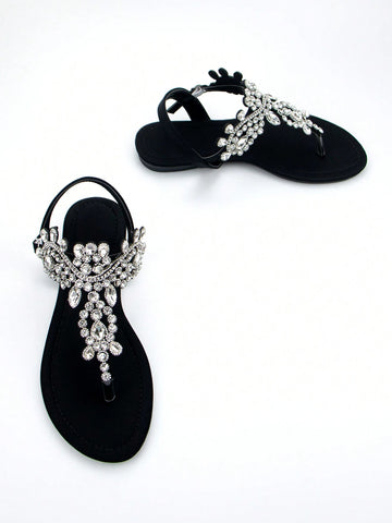 Women Rhinestone Decor Ankle Strap Thong Sandals
