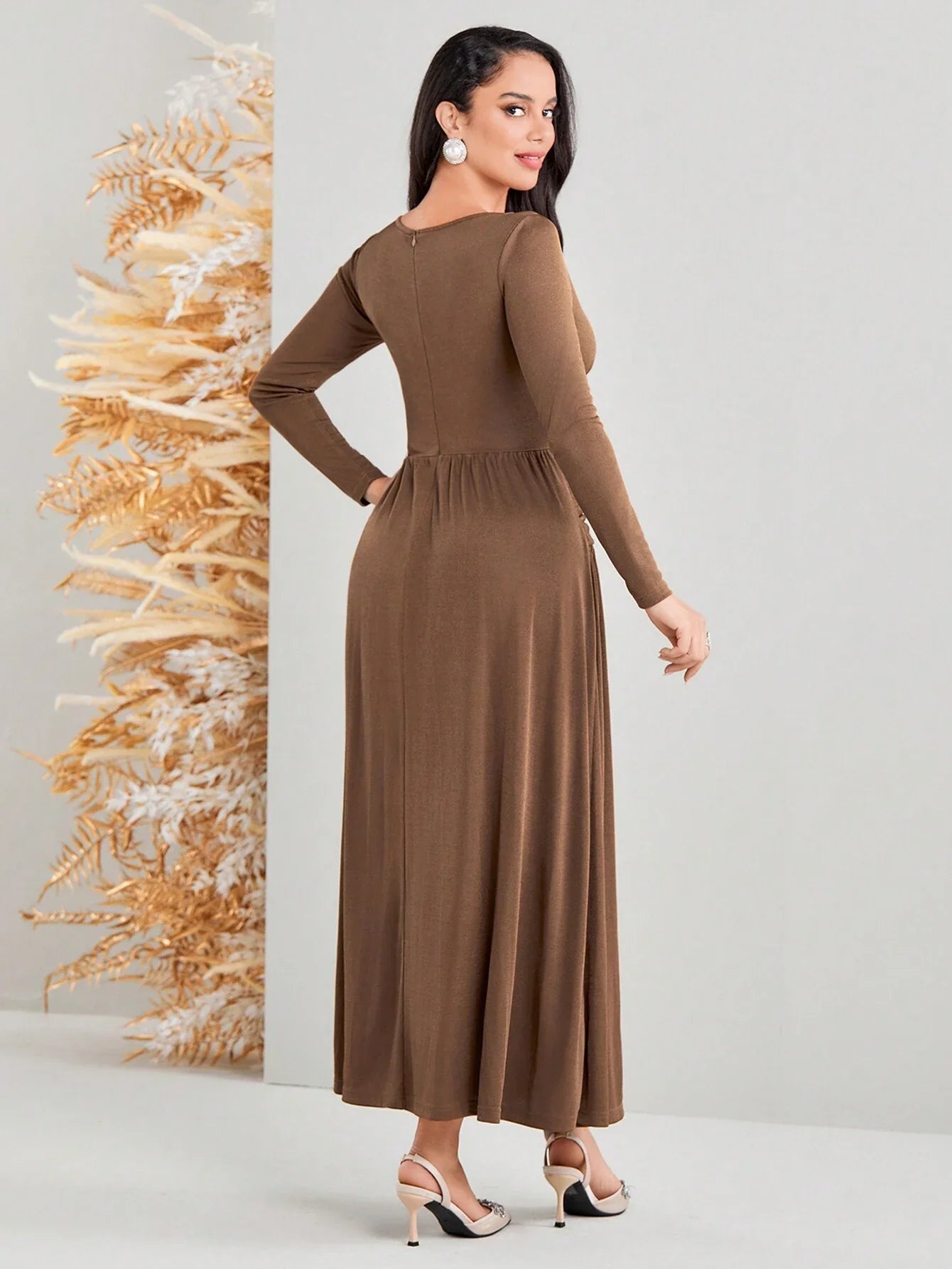 Modely Ladies' Solid Color Pleated Waist Long Sleeve Dress