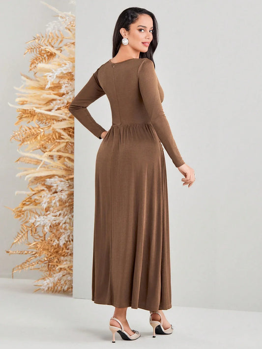 Modely Ladies' Solid Color Pleated Waist Long Sleeve Dress