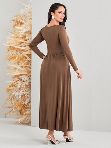 Modely Ladies' Solid Color Pleated Waist Long Sleeve Dress