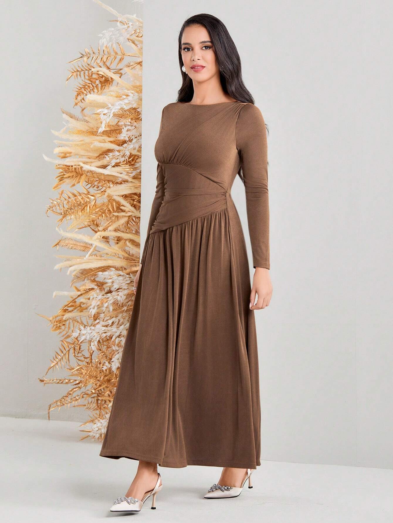 Modely Ladies' Solid Color Pleated Waist Long Sleeve Dress