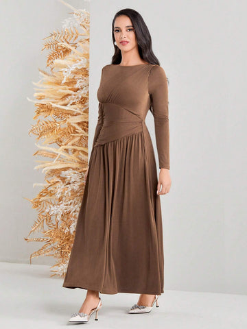 Modely Ladies' Solid Color Pleated Waist Long Sleeve Dress