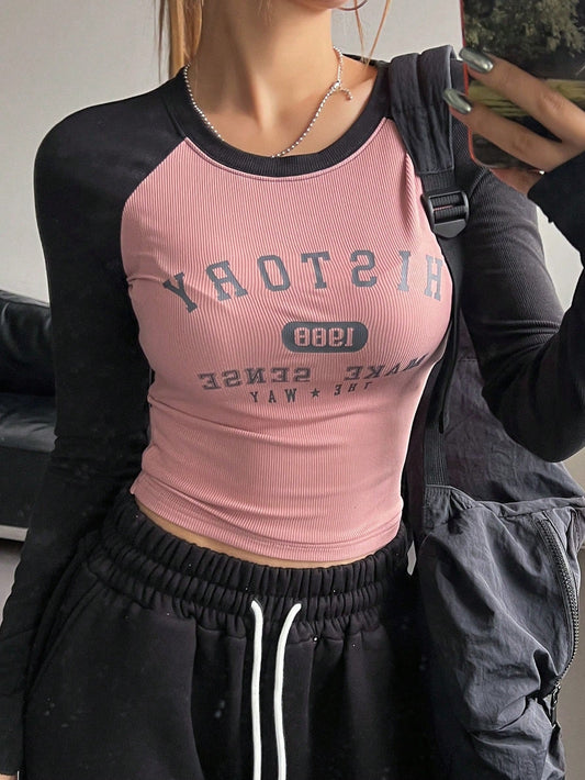 DAZY Color Block Raglan Sleeve Letter Print Round Neck Slim Fit Long Sleeve Women's T-Shirt