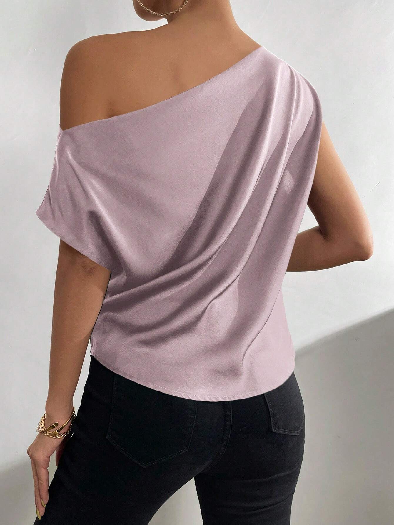 Priv� Solid Asymmetrical Neck Batwing Sleeve Blouse