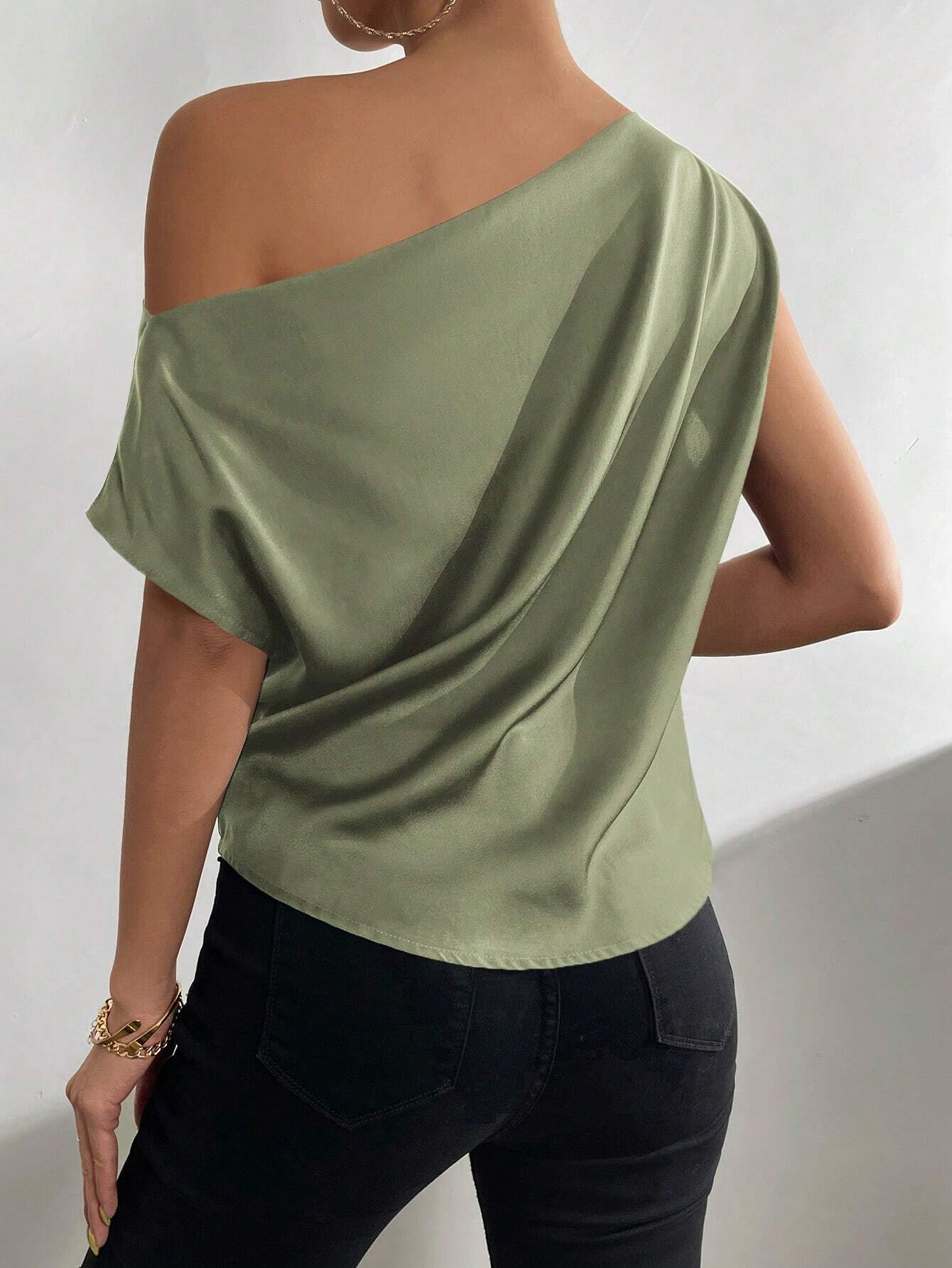 Priv� Solid Asymmetrical Neck Batwing Sleeve Blouse