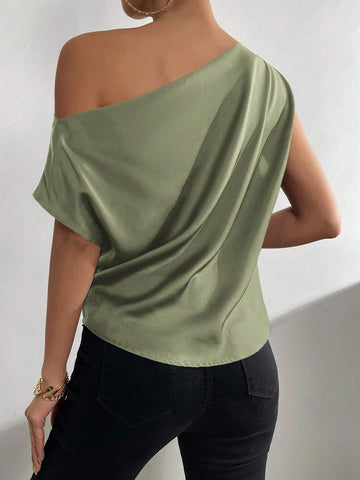 Priv� Solid Asymmetrical Neck Batwing Sleeve Blouse