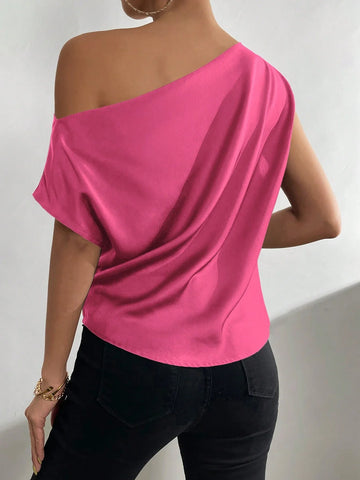 Priv� Solid Asymmetrical Neck Batwing Sleeve Blouse