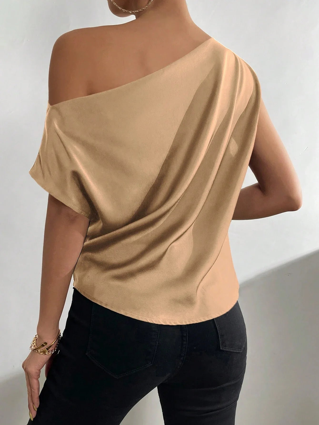 Priv� Solid Asymmetrical Neck Batwing Sleeve Blouse