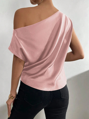 Priv� Solid Asymmetrical Neck Batwing Sleeve Blouse