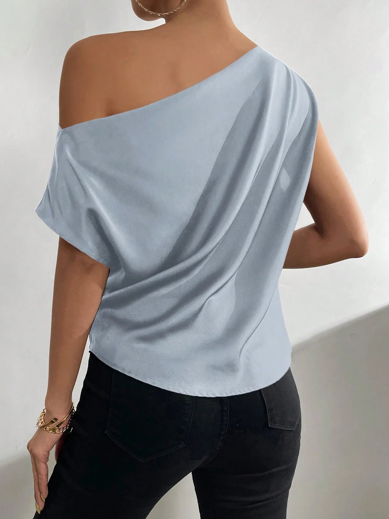 Priv� Solid Asymmetrical Neck Batwing Sleeve Blouse