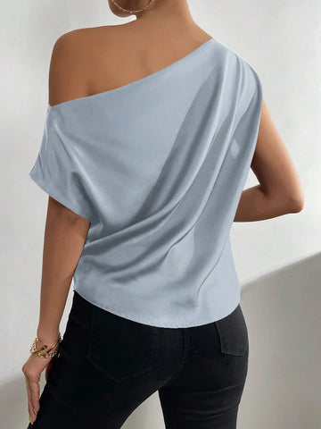 Priv� Solid Asymmetrical Neck Batwing Sleeve Blouse
