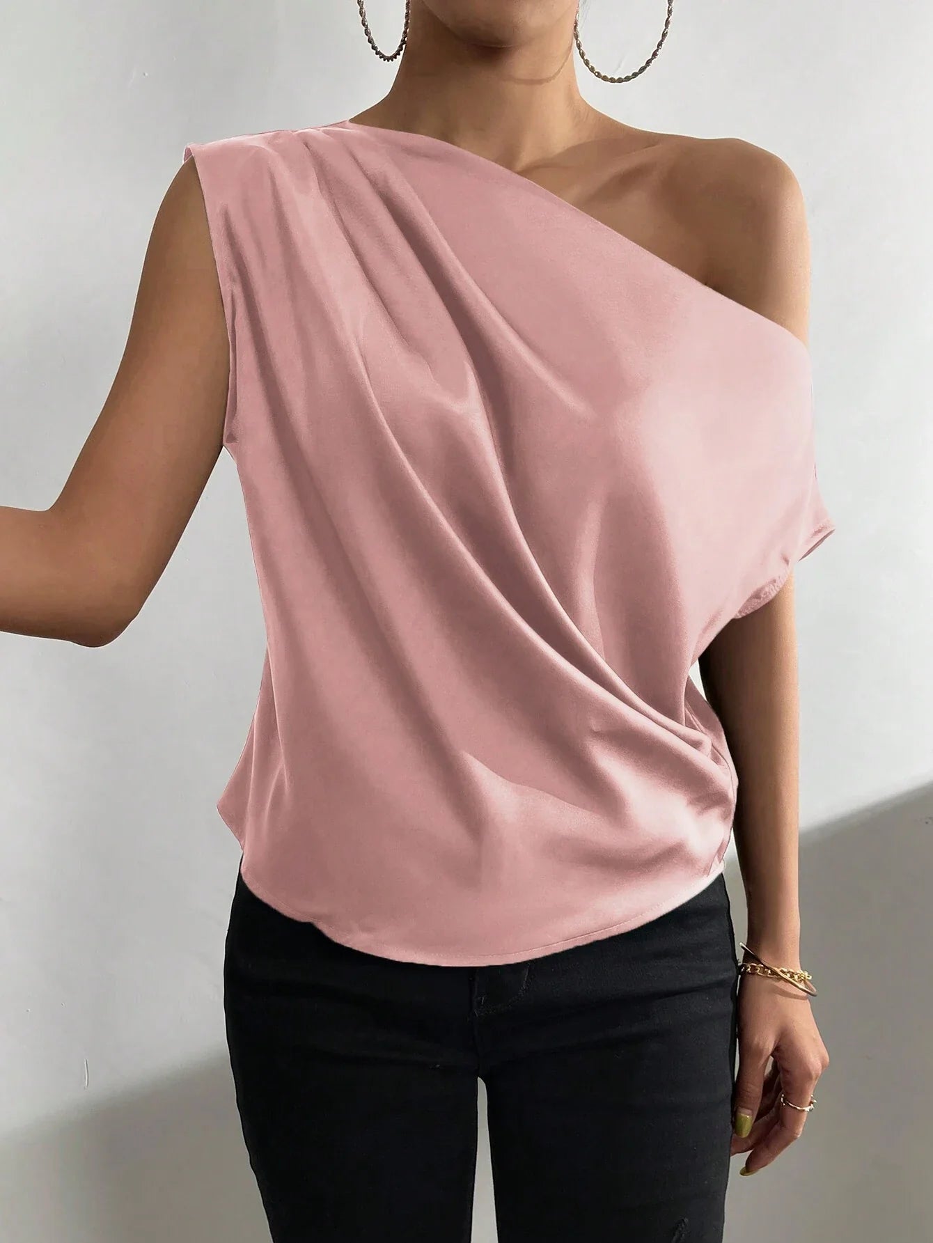 Priv� Solid Asymmetrical Neck Batwing Sleeve Blouse
