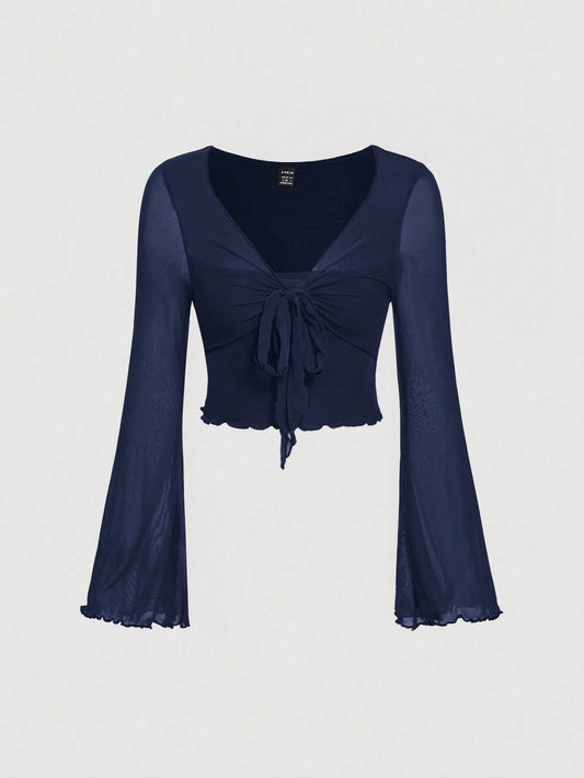 MOD Spring Break Bow 2 In 1 Women's Solid Color Tie Front Bell Sleeve T-Shirt