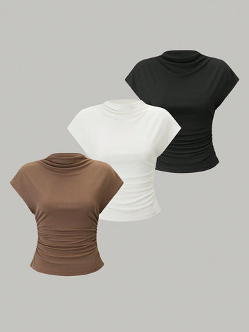 Essnce 3pcs Stand Collar & Pleated Design T-Shirt