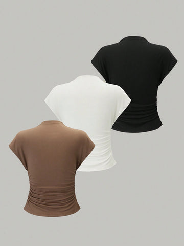 Essnce 3pcs Stand Collar & Pleated Design T-Shirt