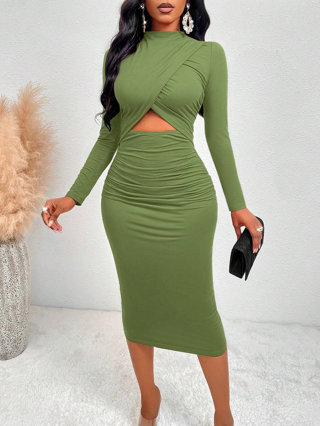 SOLERSUN Women's Solid Color Simple Casual Cut-Out Long Sleeve Dress