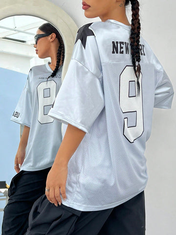 EZwear Oversized Boyfriend Style Print Letter & Star Satin Basketball Jersey Tee