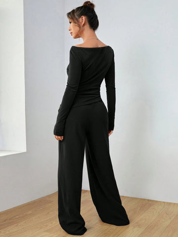 EZwear Knitted Women's Slim Fit Boat Neck Long Sleeve Top And Wide Leg Pants Set