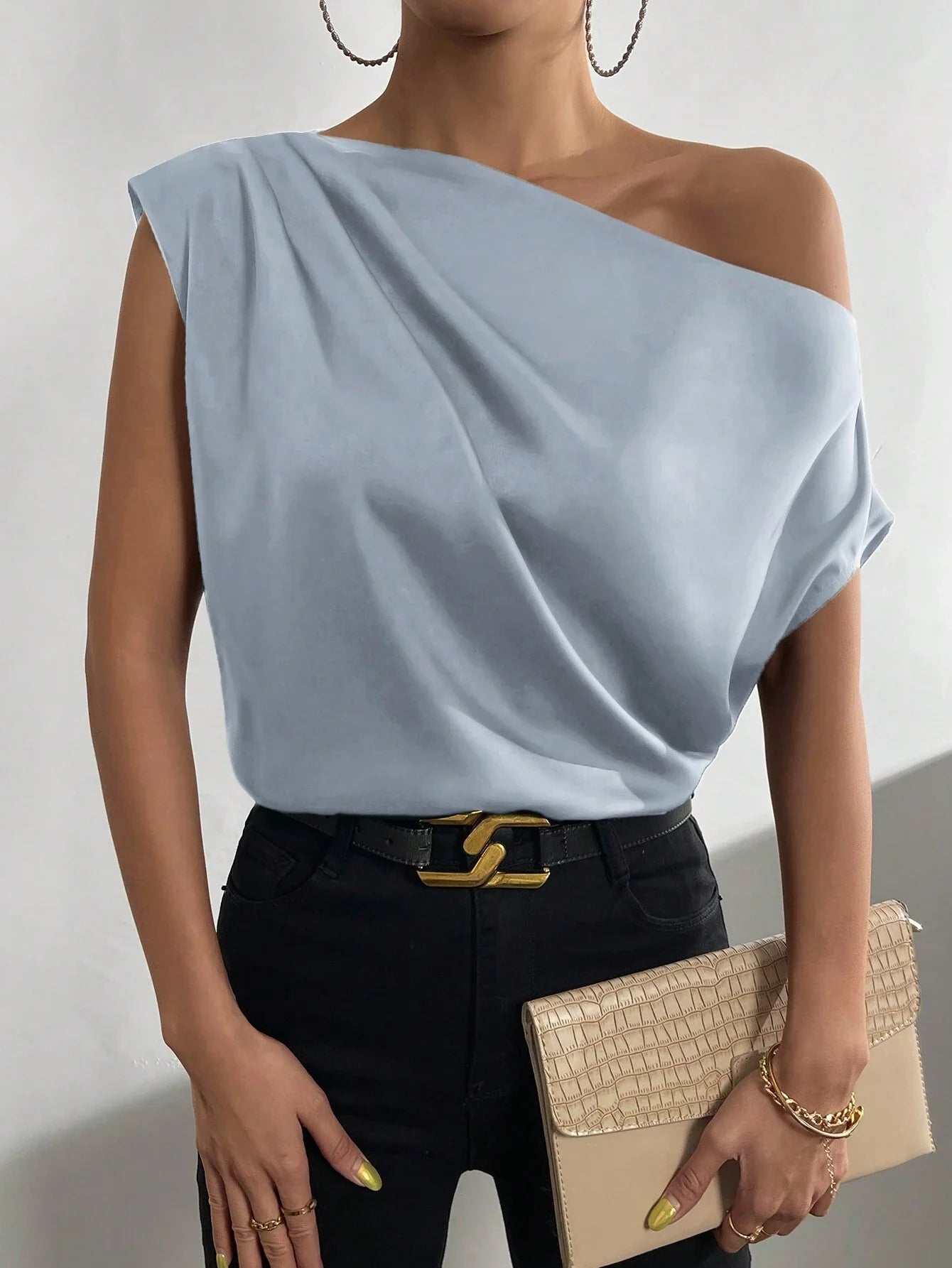 Priv� Solid Asymmetrical Neck Batwing Sleeve Blouse
