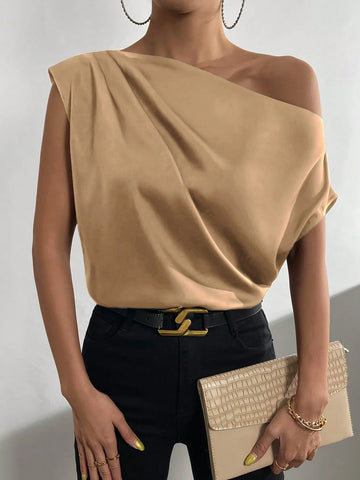 Priv� Solid Asymmetrical Neck Batwing Sleeve Blouse