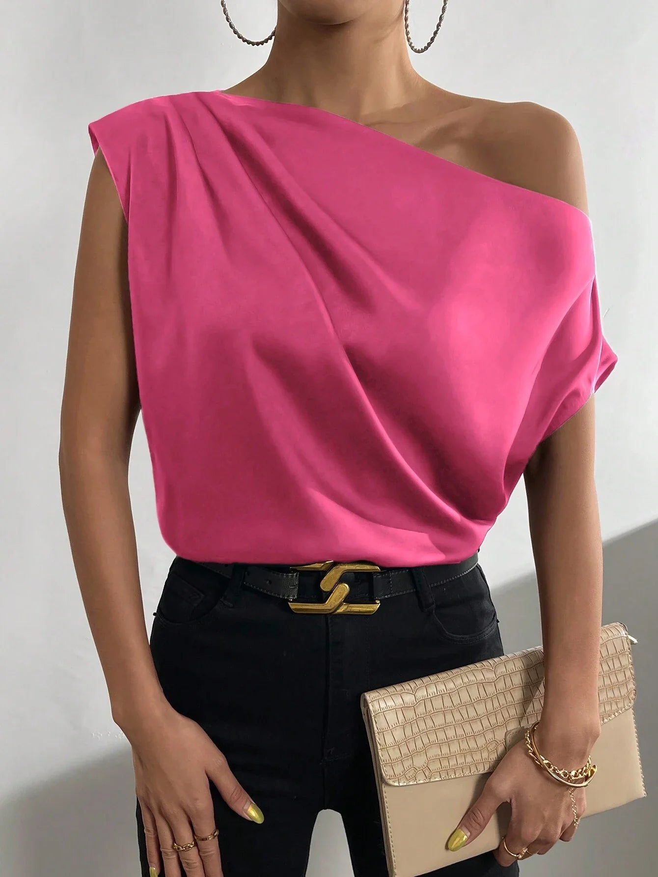 Priv� Solid Asymmetrical Neck Batwing Sleeve Blouse
