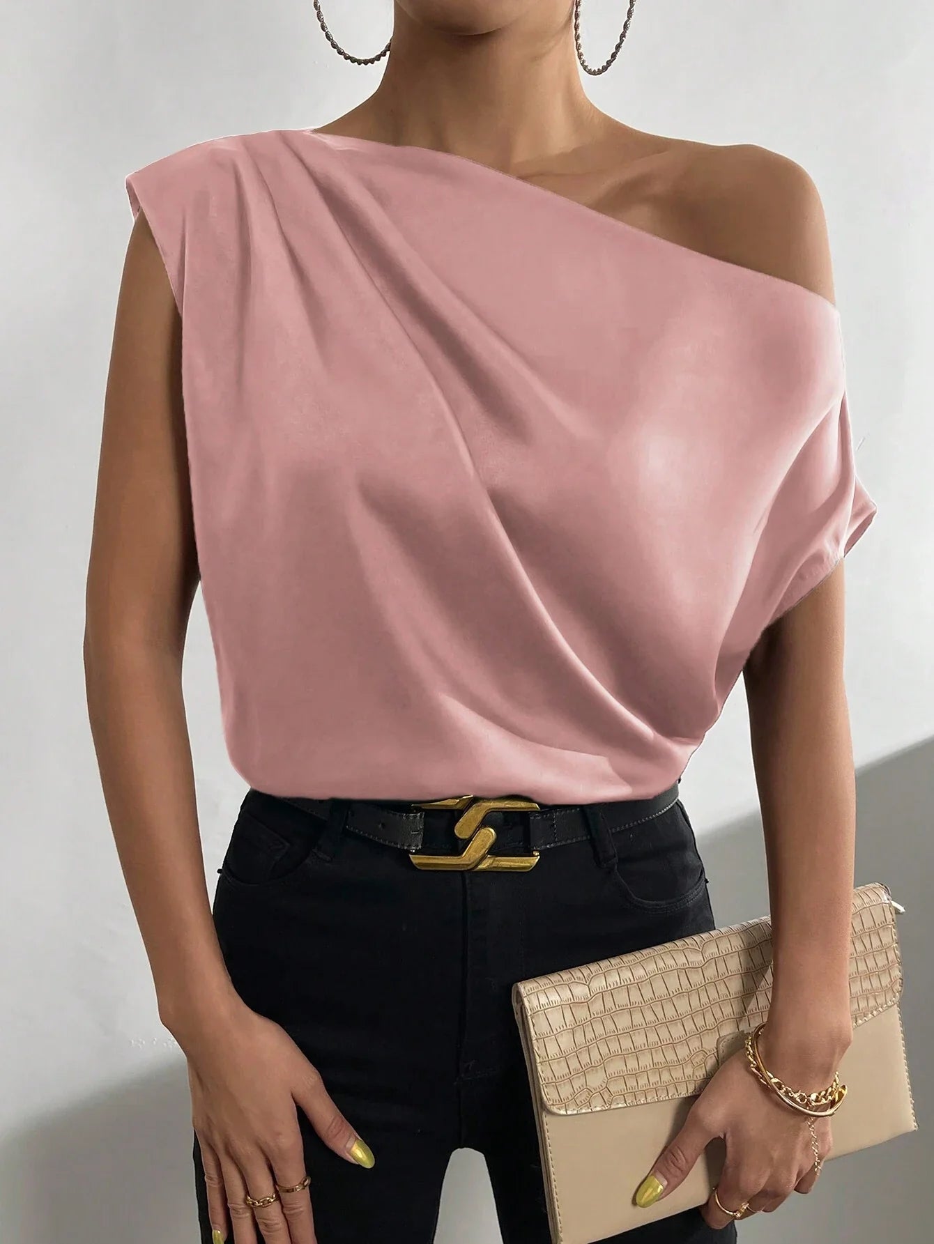 Priv� Solid Asymmetrical Neck Batwing Sleeve Blouse