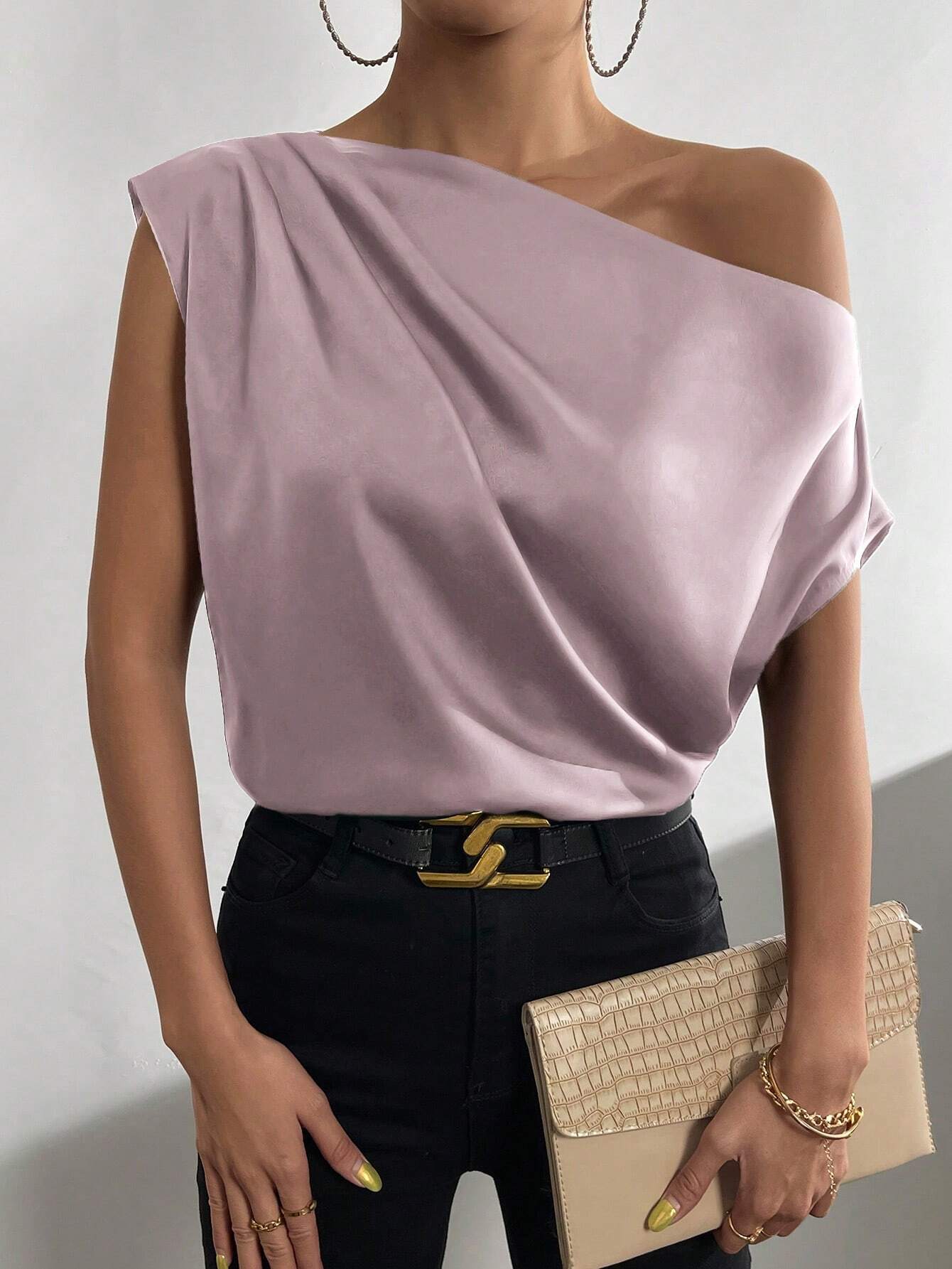 Priv� Solid Asymmetrical Neck Batwing Sleeve Blouse