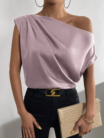 Priv� Solid Asymmetrical Neck Batwing Sleeve Blouse