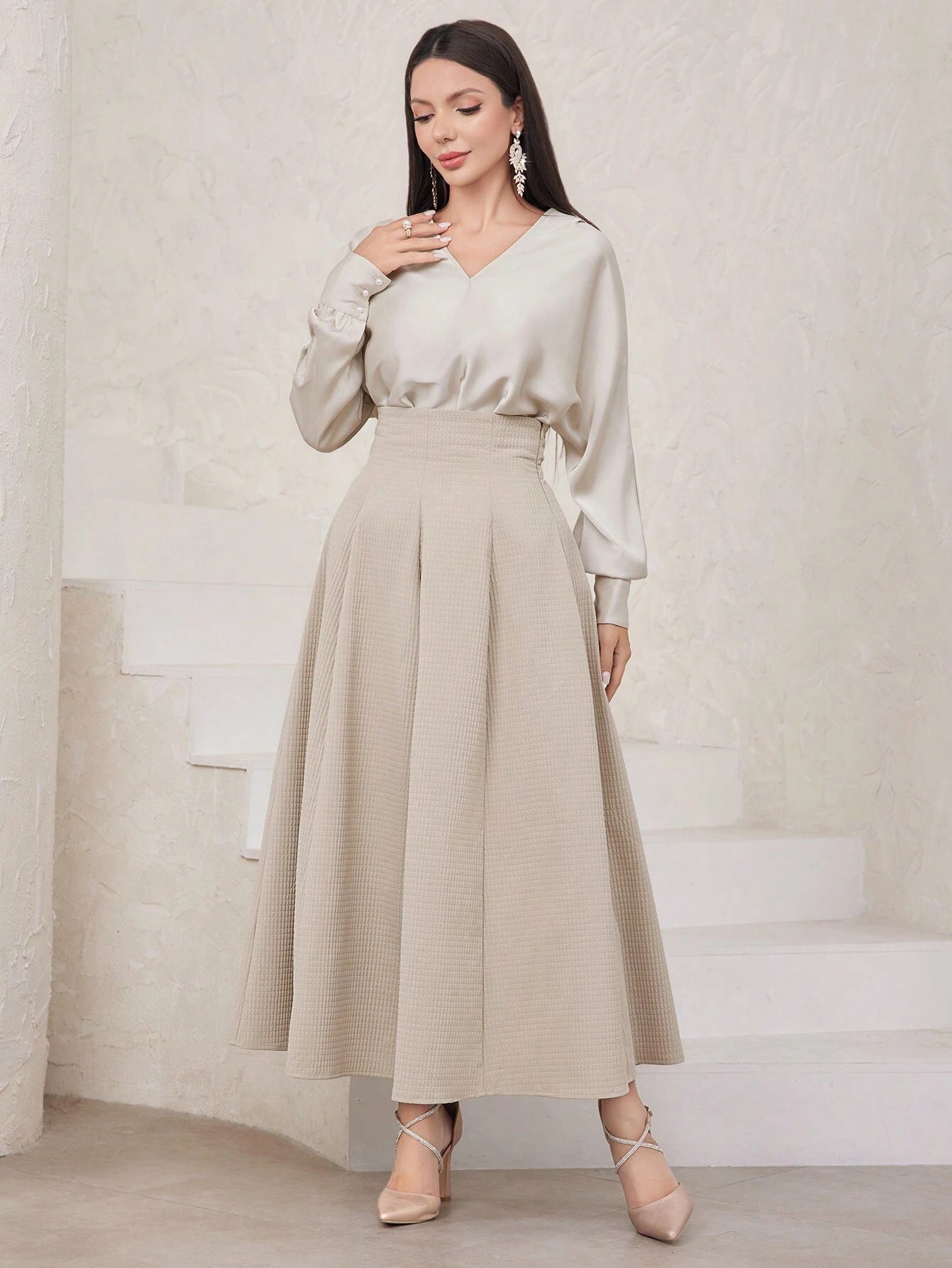 Modely Women's Plain Batwing Sleeve Top With High Waist Pleated Midi Skirt Set