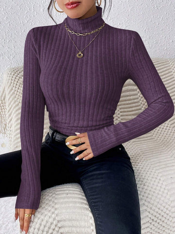 Frenchy Women's High Neck Ribbed Knit Long Sleeve T-Shirt