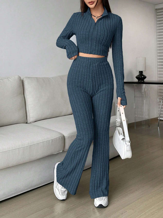 EZwear Spring ClothesWomen's Two Piece Set With Ribbed Long Sleeve Top And Flared Pants