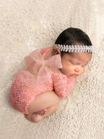 Baby Girl Newborn Photography Bow Back Bodysuit With Headband