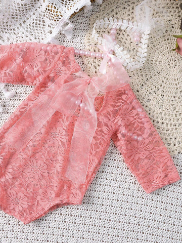 Baby Girl Newborn Photography Bow Back Bodysuit With Headband