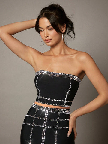 BAE Black Bandage Glitter Rhinestone Decorated Prom Tube Top