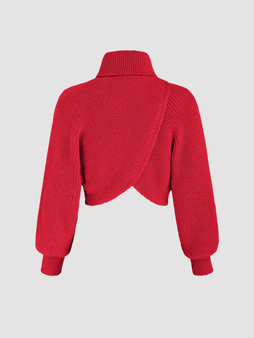 High Neck Solid Knitted Long Sleeve Crop Sweater