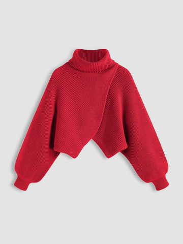 High Neck Solid Knitted Long Sleeve Crop Sweater