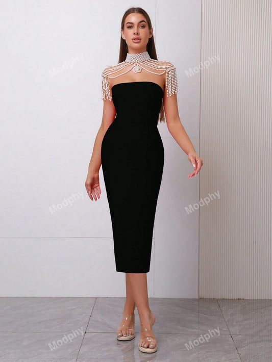 Modphy New Strapless Bodycon Dress With Pearl Necklace, Shawl Collar, Neck Strap And Midi Length