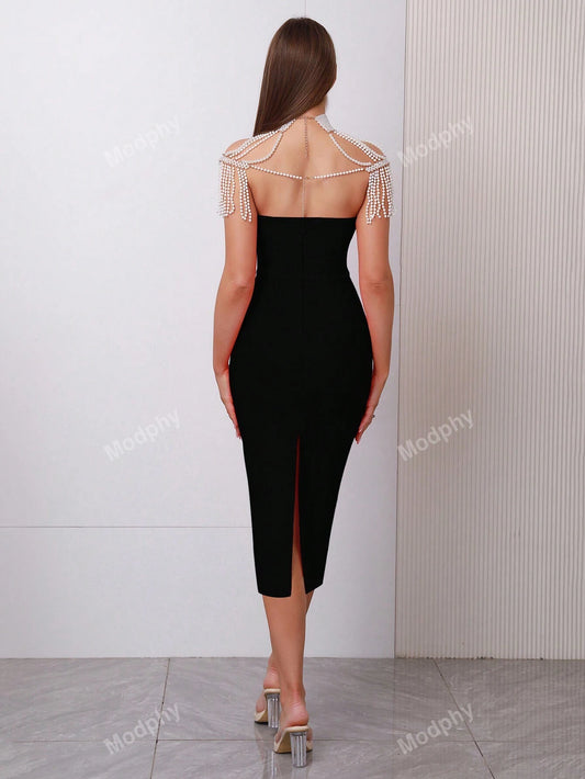 Modphy New Strapless Bodycon Dress With Pearl Necklace, Shawl Collar, Neck Strap And Midi Length