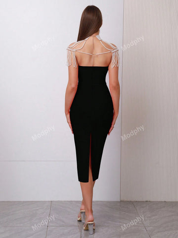 Modphy New Women's Strapless Tight-Fitting Sexy Pearl Necklace Party Bandage Medium-Length Dress With Shawl Neck Chain