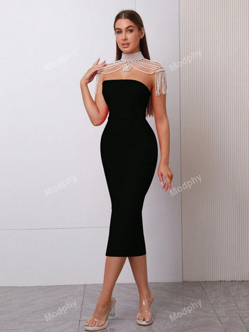 Modphy New Strapless Bodycon Dress With Pearl Necklace, Shawl Collar, Neck Strap And Midi Length