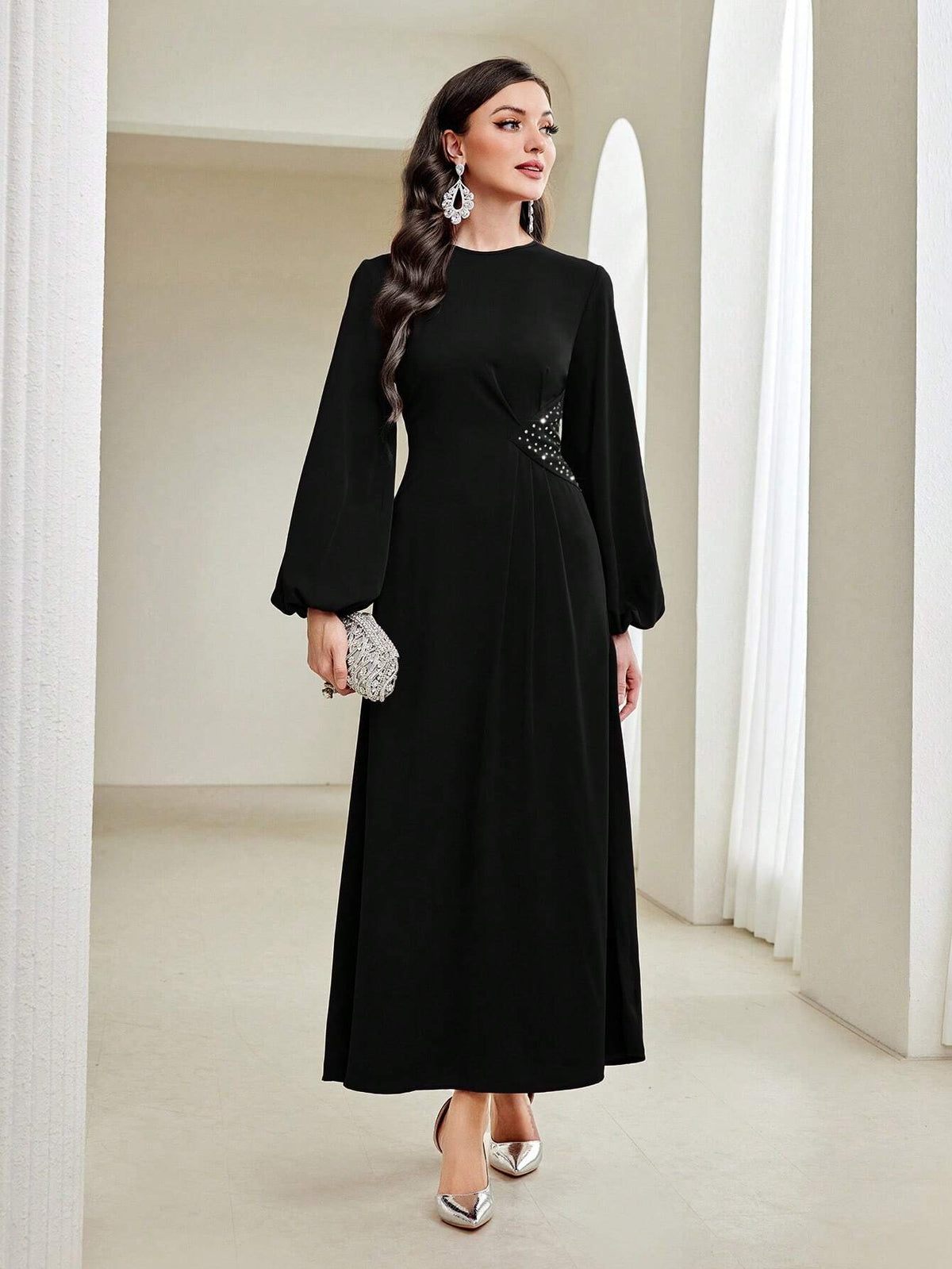 Modely Modest Long Lantern Sleeve Rhinestone Decoration Dress