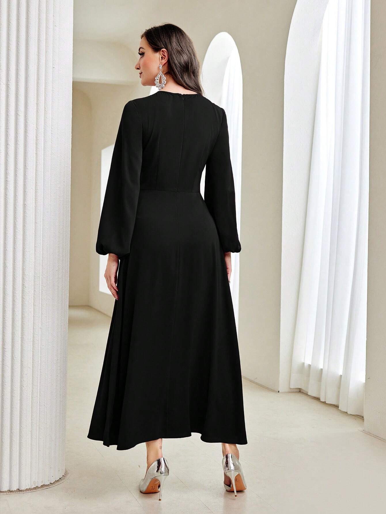 Modely Modest Long Lantern Sleeve Rhinestone Decoration Dress