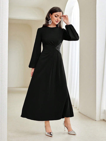 Modely Modest Long Lantern Sleeve Rhinestone Decoration Dress